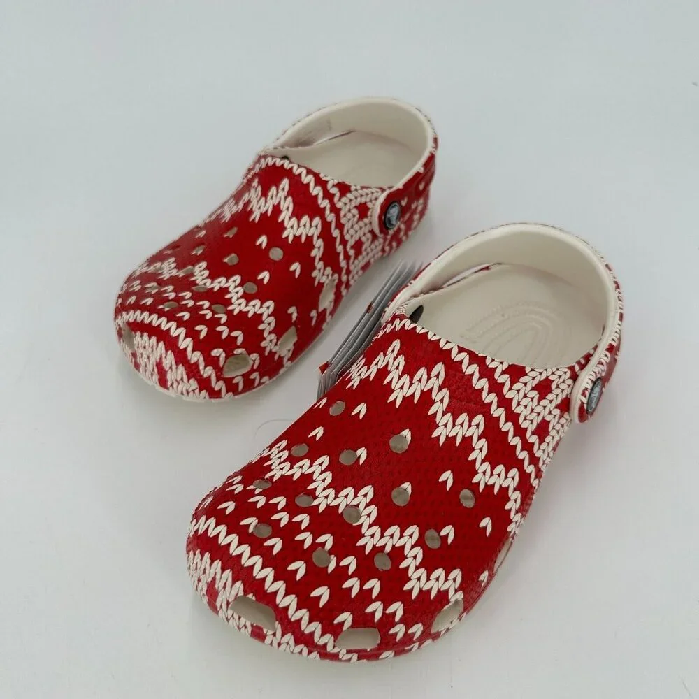 Crocs Kids Classic Clogs Size 2 Red Holiday Sweater Slip-on Shoes